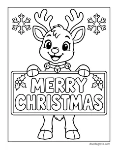 A baby reindeer with bells on its collar holding a sign that says Merry Christmas, with holly and snowflakes