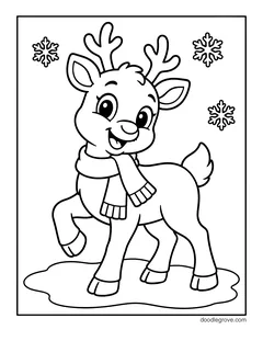 A smiling baby reindeer in a striped scarf prancing with one hoof raised, with snowflakes
