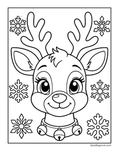 The big face of a smiling baby reindeer with antlers and a bell collar, with snowflakes