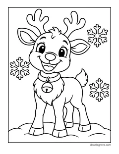 A smiling baby reindeer with a fluffy chest and a bell collar standing in the snow, with snowflakes