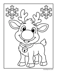 A reindeer with a big round nose and a bell collar smiling, with snowflakes