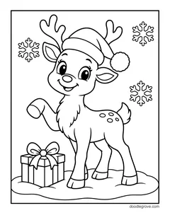 A baby reindeer in a Santa hat waving one hoof next to a wrapped present, with snowflakes