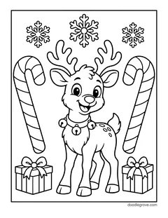 A baby reindeer with a bell collar standing between two giant candy canes and two presents, with snowflakes
