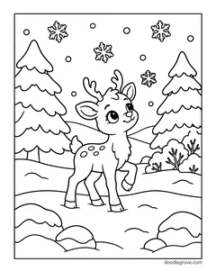 A small spotted baby reindeer walking through a snowy forest clearing between pine trees and bushes