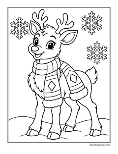 A baby reindeer in a big patterned knit scarf standing in the snow, with snowflakes