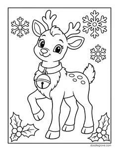 A baby reindeer with a bell collar and one hoof raised, with holly leaves in the bottom corners and snowflakes