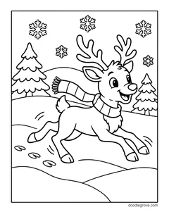 A reindeer in a striped scarf running through the snow past pine trees, with snowflakes