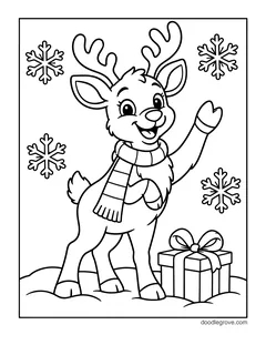 A baby reindeer in a striped scarf waving one hoof next to a present, with snowflakes