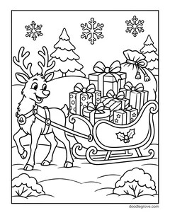 A reindeer in a harness pulling a sleigh piled with presents and a sack past pine trees, with snowflakes
