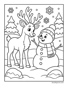 A reindeer standing next to a snowman in a knit hat and scarf, with pine trees and falling snow