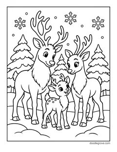 Two grown-up reindeer and a spotted baby reindeer standing together among snowy pine trees