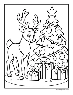A grown-up reindeer standing next to a tall Christmas tree with lights, ornaments and presents