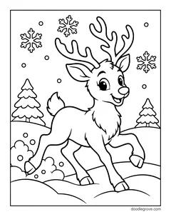 A reindeer trotting through the snow with pine trees and snowy bushes behind