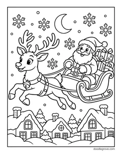 A reindeer pulling Santa and his sleigh full of presents across the night sky above snowy houses, with the moon and snowflakes
