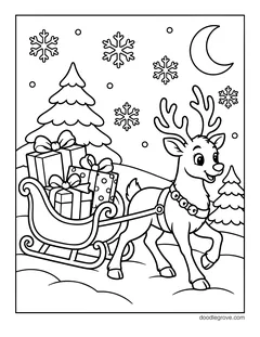 A reindeer in a jingle bell harness pulling a sleigh full of presents under the moon, next to a Christmas tree