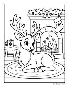 A reindeer resting on a rug in front of a crackling fireplace with a stocking, a garland and a mug of cocoa