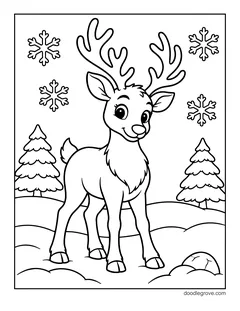 A reindeer standing on a snowy hill between pine trees, with snowflakes
