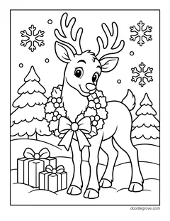 A reindeer wearing a holly wreath with a bow around its neck, with presents, pine trees and snowflakes