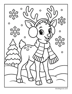 A baby reindeer in earmuffs and a striped scarf standing in the snow next to a pine tree, with snowflakes