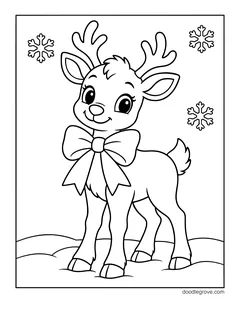 A baby reindeer with a big bow around its neck standing in the snow, with snowflakes