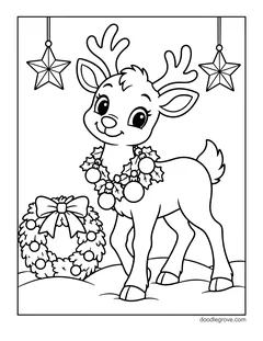 A baby reindeer wearing a wreath of ornaments, with hanging stars and another wreath on the ground