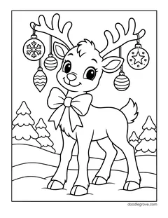 A baby reindeer with Christmas ornaments hanging from its antlers and a bow, with pine trees