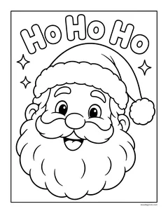 A big smiling Santa face with a fluffy beard and hat under the words Ho Ho Ho, with sparkles