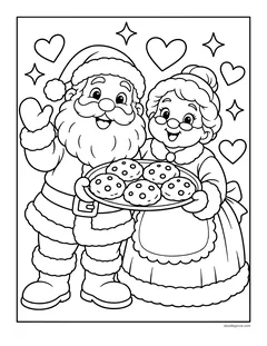Santa and Mrs. Claus holding a plate of cookies together, with hearts and sparkles