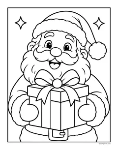 Santa's smiling face above a big present with a bow that he holds with both hands