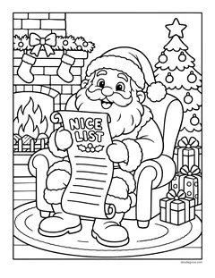 Santa sitting in an armchair by the fireplace reading a scroll that says Nice List, with stockings, a tree and presents