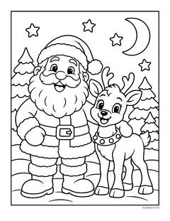 Santa standing next to a little reindeer in the snow, with pine trees, a moon and stars