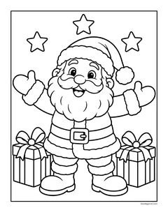 A smiling Santa with his arms up in the air, standing between two presents under stars