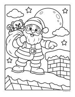Santa carrying his sack of toys on a snowy roof and pointing at the chimney, with a full moon and clouds