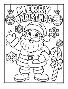 Santa waving under the words Merry Christmas, with ornaments, snowflakes and a candy cane