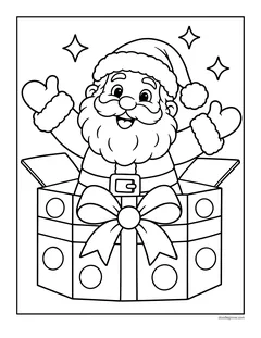 Santa waving from inside a big polka-dot present box with a bow