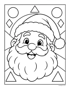 A large smiling Santa face on a background of triangles, circles and diamonds