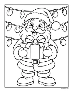 Santa holding a present under two strings of Christmas lights