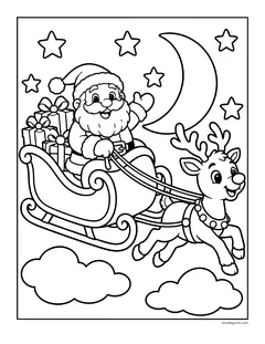 Santa riding his sleigh full of presents through the sky, pulled by a reindeer, past the moon, stars and clouds