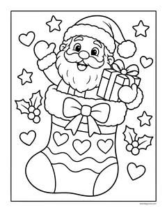 Santa waving from inside a big Christmas stocking decorated with hearts, holding a present, with holly and stars