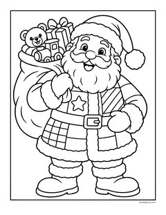 Santa in a patchwork suit carrying a sack full of toys, with a teddy bear and a toy train on top
