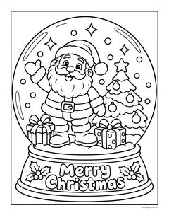 Santa waving inside a snow globe with a Christmas tree and presents, and Merry Christmas on the base