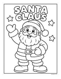 Santa waving under the words Santa Claus in bubble letters, with stars