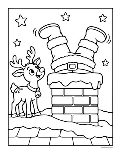 Santa's legs sticking up out of a brick chimney on a snowy roof while a reindeer watches