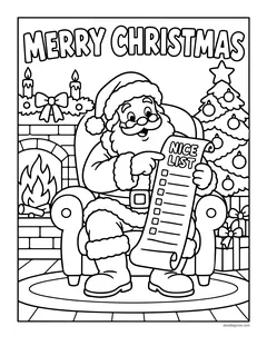 Santa in an armchair checking a long Nice List by the fireplace, under the words Merry Christmas, with a tree and candles