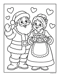 Santa waving next to Mrs. Claus, who is holding a tray of cookies, with hearts
