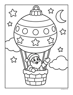 Santa riding in the basket of a hot air balloon shaped like a Christmas ornament, with a moon, stars and clouds