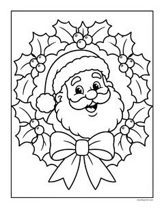 Santa's smiling face inside a holly wreath with berries and a big bow