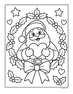Santa holding a heart inside an oval holly wreath with a bow, with hearts, stars and holly around