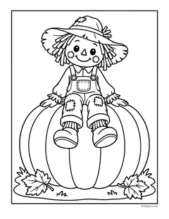 A scarecrow in a straw hat and patched overalls sitting on top of a giant pumpkin, with autumn leaves