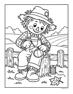 A scarecrow sitting on a tree stump by a fence, sewing a pumpkin patch onto its overalls, with a spool of thread and fields behind